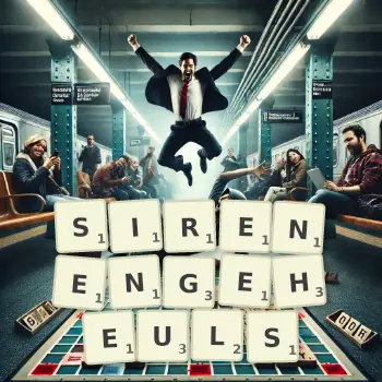 Kreative Illustration für ein Scrabble-Spiel, bei dem das Wort SIRENENGEHEULS mit Steinen auf dem Brett gelegt wurde.