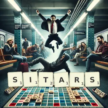 Kreative Illustration für ein Scrabble-Spiel, bei dem das Wort SITARS mit Steinen auf dem Brett gelegt wurde.