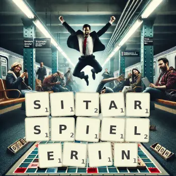 Kreative Illustration für ein Scrabble-Spiel, bei dem das Wort SITARSPIELERIN mit Steinen auf dem Brett gelegt wurde.
