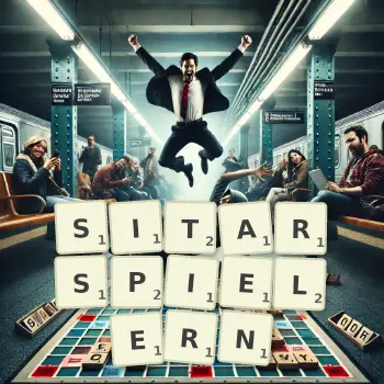Kreative Illustration für ein Scrabble-Spiel, bei dem das Wort SITARSPIELERN mit Steinen auf dem Brett gelegt wurde.