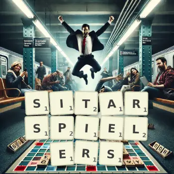 Kreative Illustration für ein Scrabble-Spiel, bei dem das Wort SITARSPIELERS mit Steinen auf dem Brett gelegt wurde.