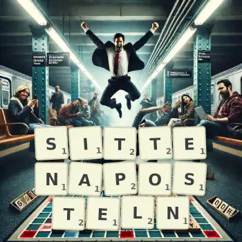 Kreative Illustration für ein Scrabble-Spiel, bei dem das Wort SITTENAPOSTELN mit Steinen auf dem Brett gelegt wurde.