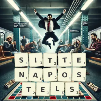 Kreative Illustration für ein Scrabble-Spiel, bei dem das Wort SITTENAPOSTELS mit Steinen auf dem Brett gelegt wurde.