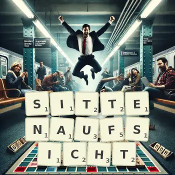 Kreative Illustration für ein Scrabble-Spiel, bei dem das Wort SITTENAUFSICHT mit Steinen auf dem Brett gelegt wurde.