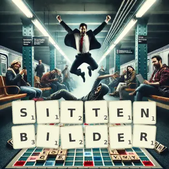 Kreative Illustration für ein Scrabble-Spiel, bei dem das Wort SITTENBILDER mit Steinen auf dem Brett gelegt wurde.