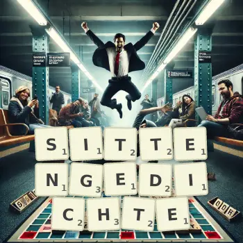 Kreative Illustration für ein Scrabble-Spiel, bei dem das Wort SITTENGEDICHTE mit Steinen auf dem Brett gelegt wurde.