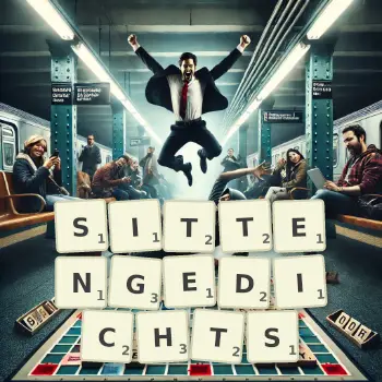 Kreative Illustration für ein Scrabble-Spiel, bei dem das Wort SITTENGEDICHTS mit Steinen auf dem Brett gelegt wurde.