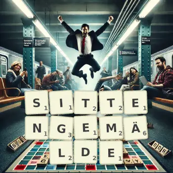 Kreative Illustration für ein Scrabble-Spiel, bei dem das Wort SITTENGEMÄLDE mit Steinen auf dem Brett gelegt wurde.