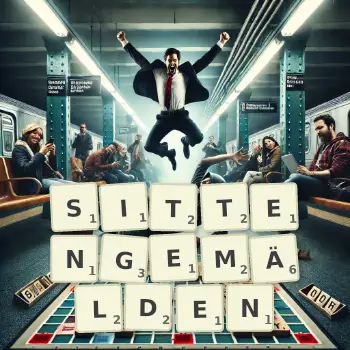 Kreative Illustration für ein Scrabble-Spiel, bei dem das Wort SITTENGEMÄLDEN mit Steinen auf dem Brett gelegt wurde.