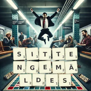 Kreative Illustration für ein Scrabble-Spiel, bei dem das Wort SITTENGEMÄLDES mit Steinen auf dem Brett gelegt wurde.