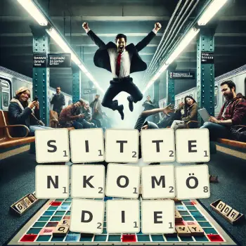 Kreative Illustration für ein Scrabble-Spiel, bei dem das Wort SITTENKOMÖDIE mit Steinen auf dem Brett gelegt wurde.