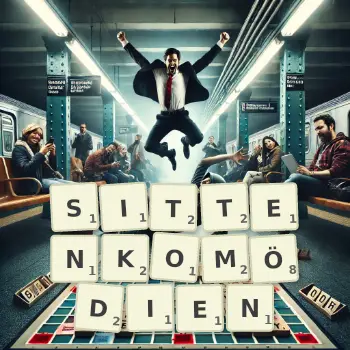Kreative Illustration für ein Scrabble-Spiel, bei dem das Wort SITTENKOMÖDIEN mit Steinen auf dem Brett gelegt wurde.