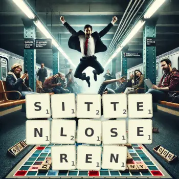 Kreative Illustration für ein Scrabble-Spiel, bei dem das Wort SITTENLOSEREN mit Steinen auf dem Brett gelegt wurde.