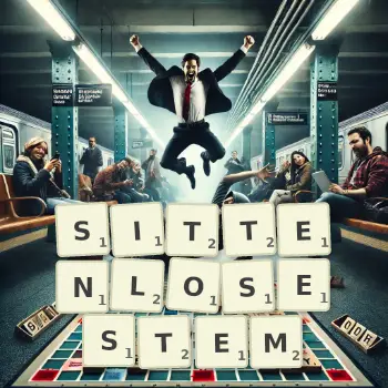 Kreative Illustration für ein Scrabble-Spiel, bei dem das Wort SITTENLOSESTEM mit Steinen auf dem Brett gelegt wurde.