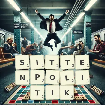 Kreative Illustration für ein Scrabble-Spiel, bei dem das Wort SITTENPOLITIK mit Steinen auf dem Brett gelegt wurde.