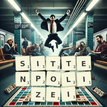 Kreative Illustration für ein Scrabble-Spiel, bei dem das Wort SITTENPOLIZEI mit Steinen auf dem Brett gelegt wurde.