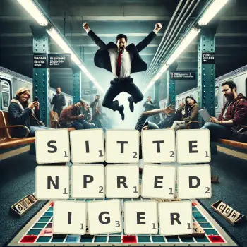 Kreative Illustration für ein Scrabble-Spiel, bei dem das Wort SITTENPREDIGER mit Steinen auf dem Brett gelegt wurde.