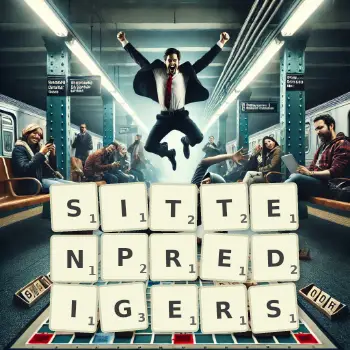 Kreative Illustration für ein Scrabble-Spiel, bei dem das Wort SITTENPREDIGERS mit Steinen auf dem Brett gelegt wurde.