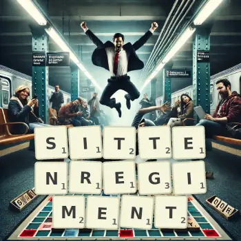 Kreative Illustration für ein Scrabble-Spiel, bei dem das Wort SITTENREGIMENT mit Steinen auf dem Brett gelegt wurde.