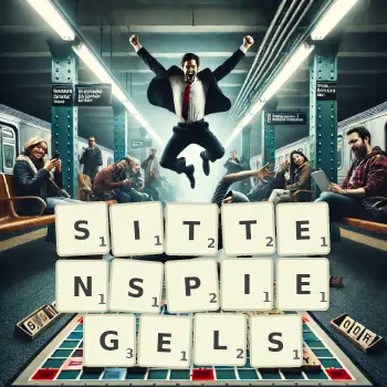 Kreative Illustration für ein Scrabble-Spiel, bei dem das Wort SITTENSPIEGELS mit Steinen auf dem Brett gelegt wurde.