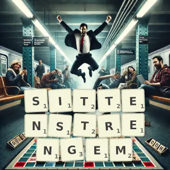 Kreative Illustration für ein Scrabble-Spiel, bei dem das Wort SITTENSTRENGEM mit Steinen auf dem Brett gelegt wurde.