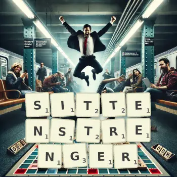 Kreative Illustration für ein Scrabble-Spiel, bei dem das Wort SITTENSTRENGER mit Steinen auf dem Brett gelegt wurde.