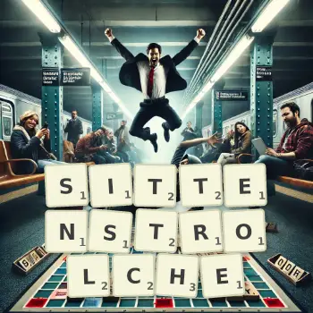 Kreative Illustration für ein Scrabble-Spiel, bei dem das Wort SITTENSTROLCHE mit Steinen auf dem Brett gelegt wurde.