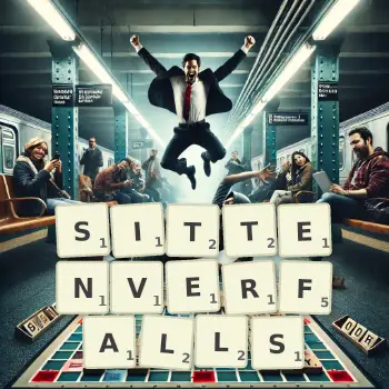 Kreative Illustration für ein Scrabble-Spiel, bei dem das Wort SITTENVERFALLS mit Steinen auf dem Brett gelegt wurde.