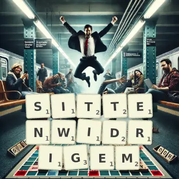 Kreative Illustration für ein Scrabble-Spiel, bei dem das Wort SITTENWIDRIGEM mit Steinen auf dem Brett gelegt wurde.