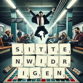 Kreative Illustration für ein Scrabble-Spiel, bei dem das Wort SITTENWIDRIGEN mit Steinen auf dem Brett gelegt wurde.