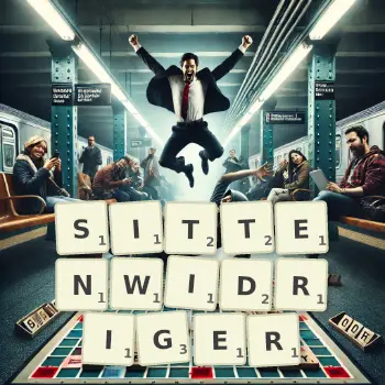 Kreative Illustration für ein Scrabble-Spiel, bei dem das Wort SITTENWIDRIGER mit Steinen auf dem Brett gelegt wurde.