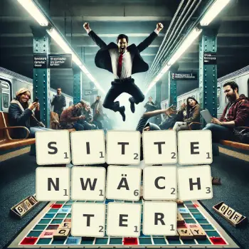 Kreative Illustration für ein Scrabble-Spiel, bei dem das Wort SITTENWÄCHTER mit Steinen auf dem Brett gelegt wurde.