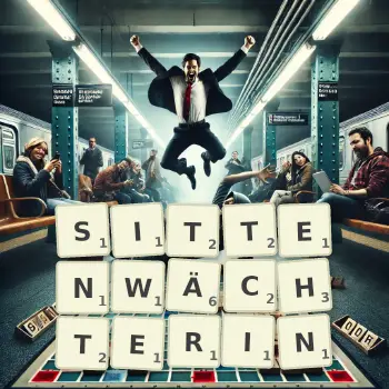 Kreative Illustration für ein Scrabble-Spiel, bei dem das Wort SITTENWÄCHTERIN mit Steinen auf dem Brett gelegt wurde.