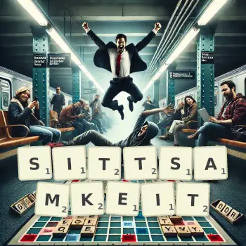 Kreative Illustration für ein Scrabble-Spiel, bei dem das Wort SITTSAMKEIT mit Steinen auf dem Brett gelegt wurde.