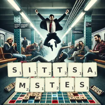 Kreative Illustration für ein Scrabble-Spiel, bei dem das Wort SITTSAMSTES mit Steinen auf dem Brett gelegt wurde.
