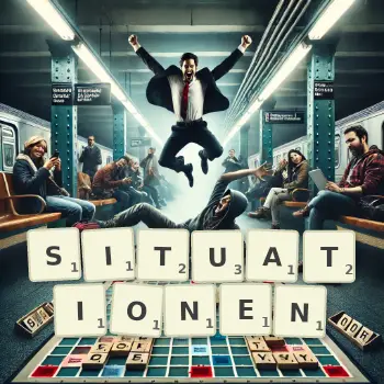 Kreative Illustration für ein Scrabble-Spiel, bei dem das Wort SITUATIONEN mit Steinen auf dem Brett gelegt wurde.