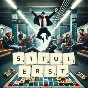 Kreative Illustration für ein Scrabble-Spiel, bei dem das Wort SITUIERST mit Steinen auf dem Brett gelegt wurde.