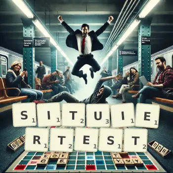 Kreative Illustration für ein Scrabble-Spiel, bei dem das Wort SITUIERTEST mit Steinen auf dem Brett gelegt wurde.