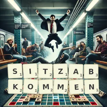 Kreative Illustration für ein Scrabble-Spiel, bei dem das Wort SITZABKOMMEN mit Steinen auf dem Brett gelegt wurde.