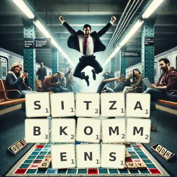 Kreative Illustration für ein Scrabble-Spiel, bei dem das Wort SITZABKOMMENS mit Steinen auf dem Brett gelegt wurde.