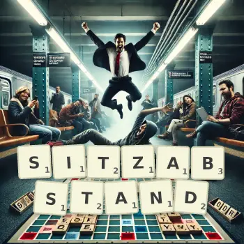 Kreative Illustration für ein Scrabble-Spiel, bei dem das Wort SITZABSTAND mit Steinen auf dem Brett gelegt wurde.