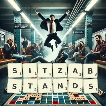 Kreative Illustration für ein Scrabble-Spiel, bei dem das Wort SITZABSTANDS mit Steinen auf dem Brett gelegt wurde.