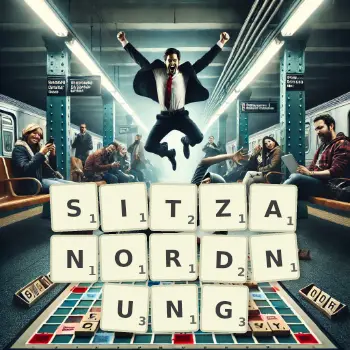 Kreative Illustration für ein Scrabble-Spiel, bei dem das Wort SITZANORDNUNG mit Steinen auf dem Brett gelegt wurde.