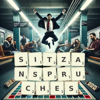 Kreative Illustration für ein Scrabble-Spiel, bei dem das Wort SITZANSPRUCHES mit Steinen auf dem Brett gelegt wurde.