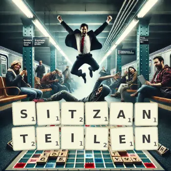 Kreative Illustration für ein Scrabble-Spiel, bei dem das Wort SITZANTEILEN mit Steinen auf dem Brett gelegt wurde.