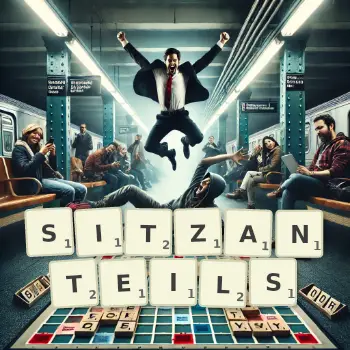 Kreative Illustration für ein Scrabble-Spiel, bei dem das Wort SITZANTEILS mit Steinen auf dem Brett gelegt wurde.