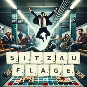 Kreative Illustration für ein Scrabble-Spiel, bei dem das Wort SITZAUFLAGE mit Steinen auf dem Brett gelegt wurde.