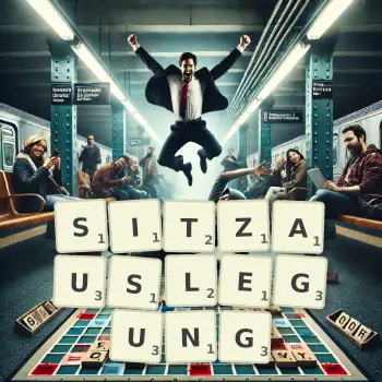 Kreative Illustration für ein Scrabble-Spiel, bei dem das Wort SITZAUSLEGUNG mit Steinen auf dem Brett gelegt wurde.