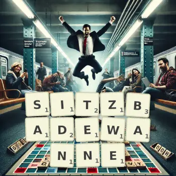 Kreative Illustration für ein Scrabble-Spiel, bei dem das Wort SITZBADEWANNE mit Steinen auf dem Brett gelegt wurde.