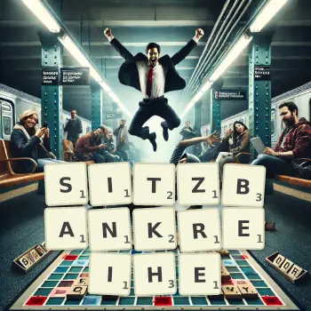 Kreative Illustration für ein Scrabble-Spiel, bei dem das Wort SITZBANKREIHE mit Steinen auf dem Brett gelegt wurde.